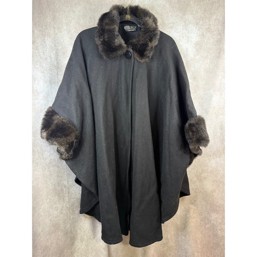 VTG Russell Scott Cape Women OS Black Wool Blend Faux Fur Trim Elegant Wrap Coat